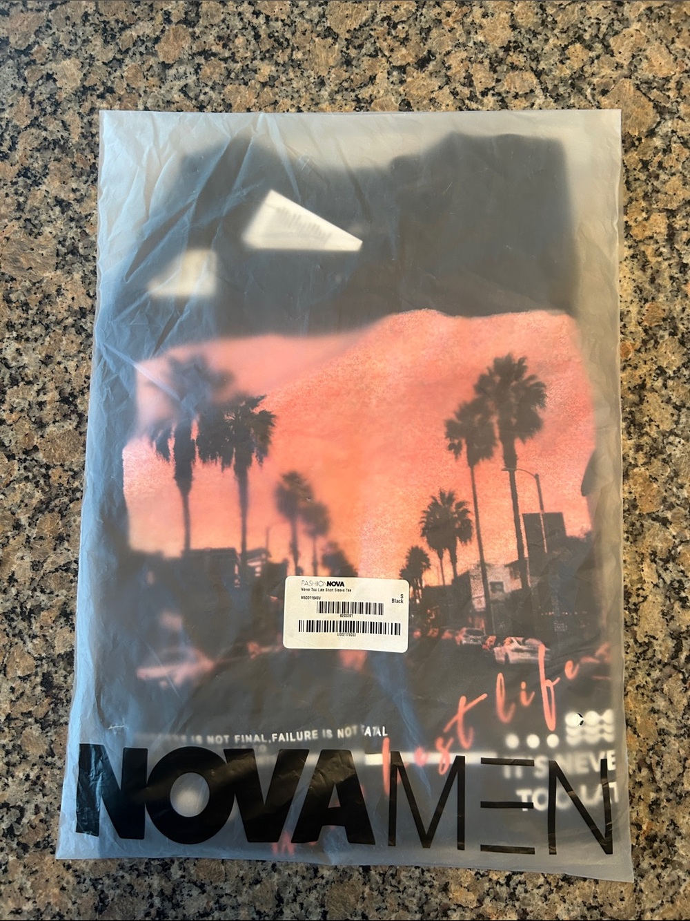 Fashion Nova Men Black Tee with Pink-Orange Sunset Palm Graphic